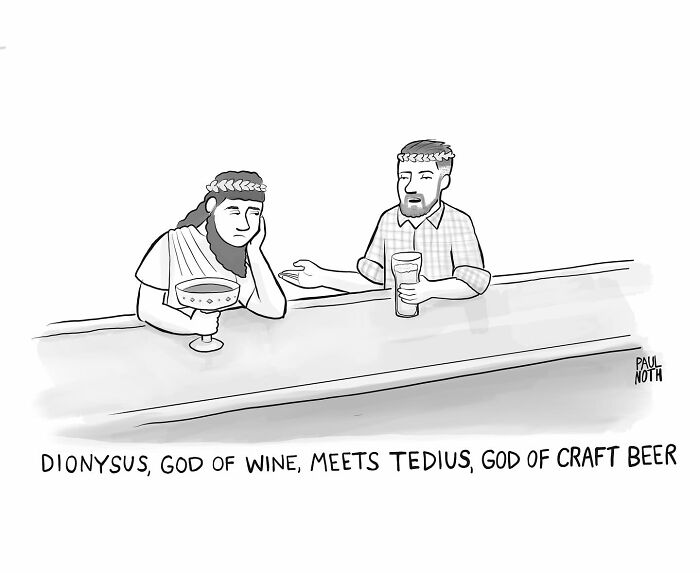 Cartoon by Paul Noth of Dionysus meeting Tedius at a bar, humorously contrasting wine and craft beer gods.