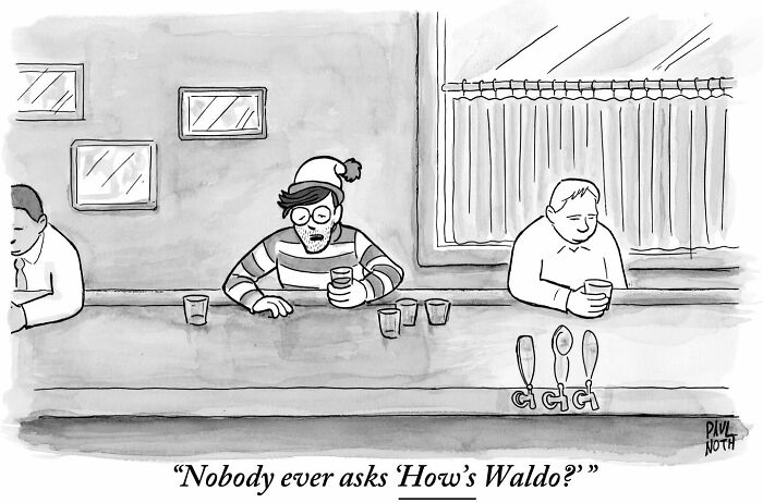 A funny one-panel comic by New Yorker cartoonist Paul Noth showing a bar scene with a humorous "How's Waldo?" caption.