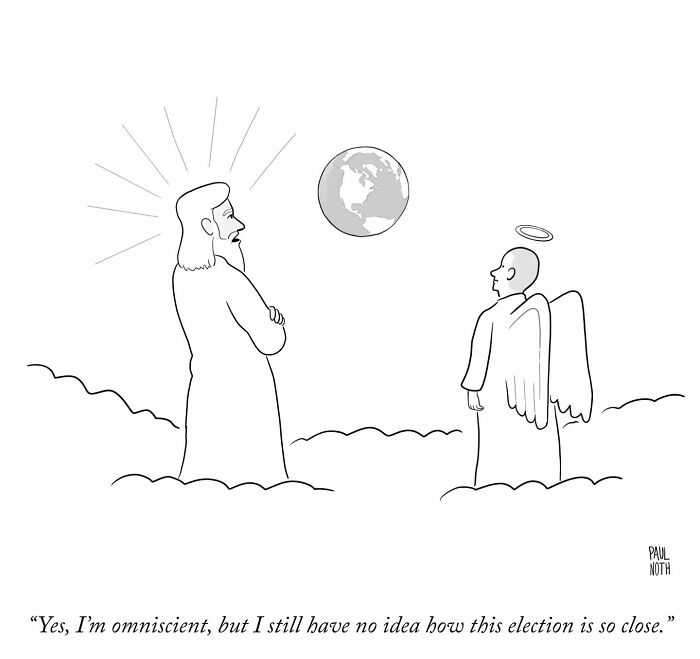 Heavenly scene depicting an omniscient figure puzzled about election results, by New Yorker cartoonist Paul Noth.