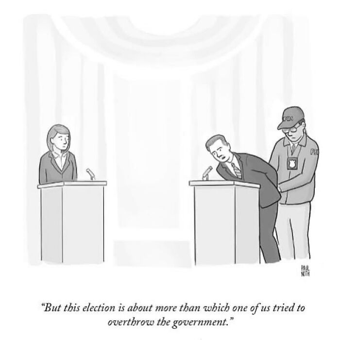 Debate scene cartoon by New Yorker cartoonist Paul Noth, with a candidate being arrested during a speech.