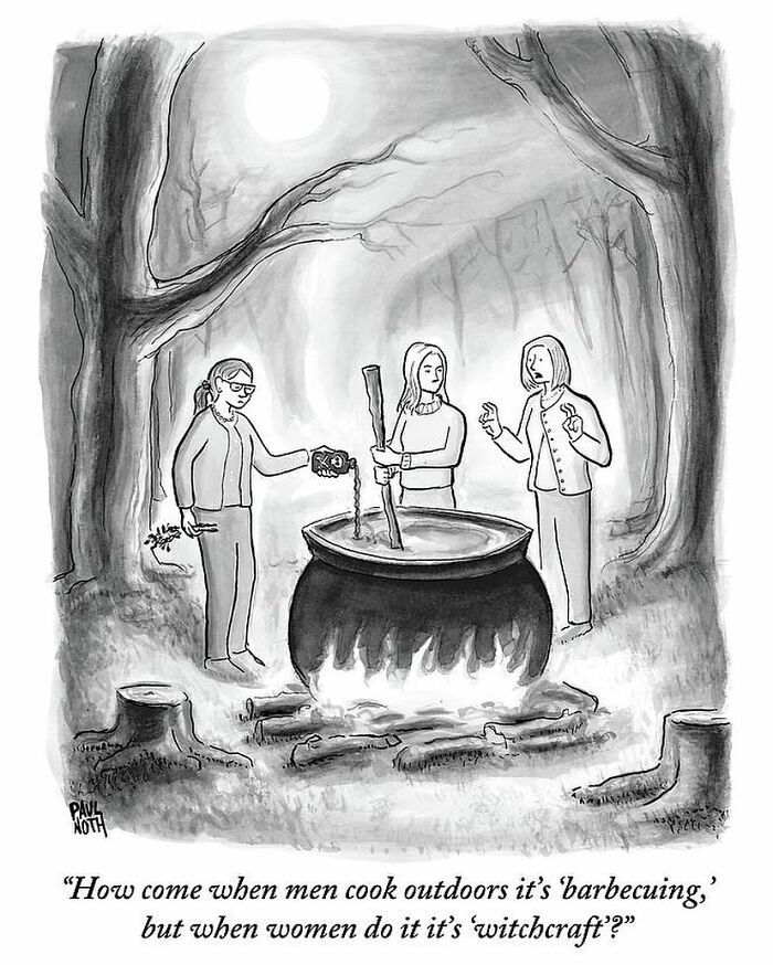 Three women in a forest around a cauldron, illustrating a humorous comic by New Yorker cartoonist Paul Noth.