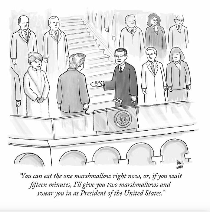 Paul Noth comic showing a judge offering a marshmallow during a swearing-in ceremony.