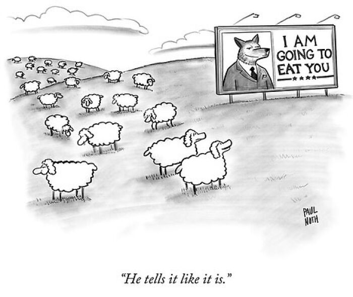 Sheep gaze at a billboard with a wolf in a suit saying, "I am going to eat you," by cartoonist Paul Noth.