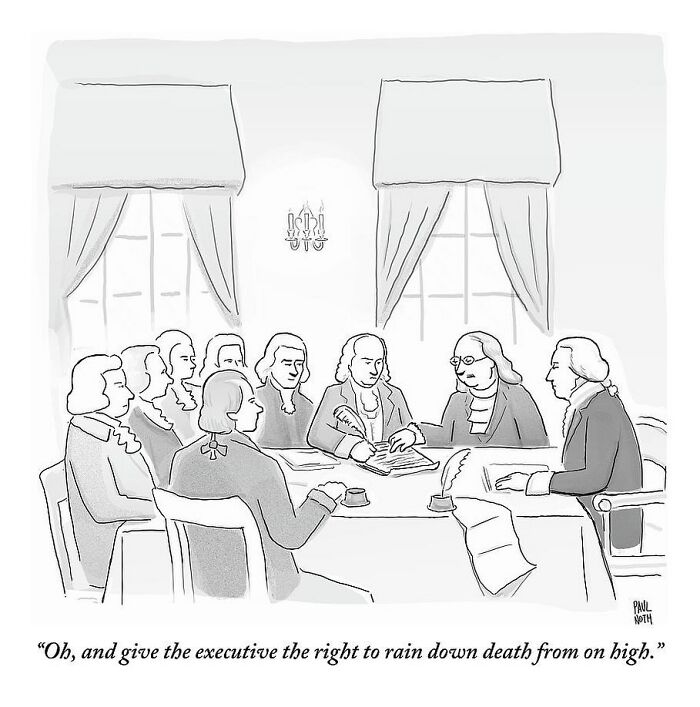 Hilarious one-panel comic by New Yorker cartoonist Paul Noth showing historical figures in a serious discussion.