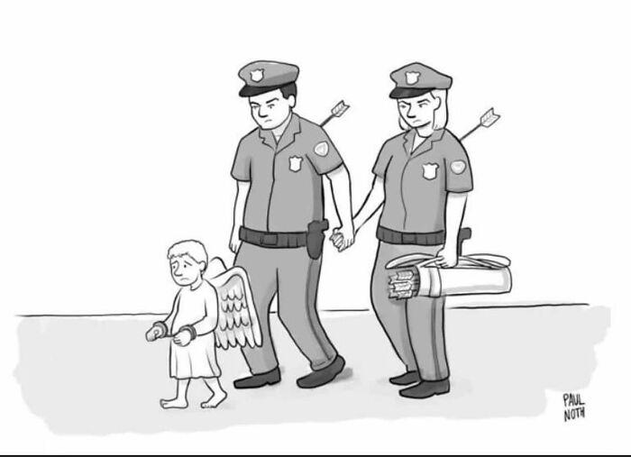 Police arresting Cupid in a humorous cartoon by New Yorker artist Paul Noth.