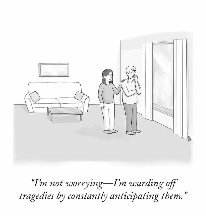 A couple in a living room; The New Yorker cartoon by Paul Noth captures anxiety humor.