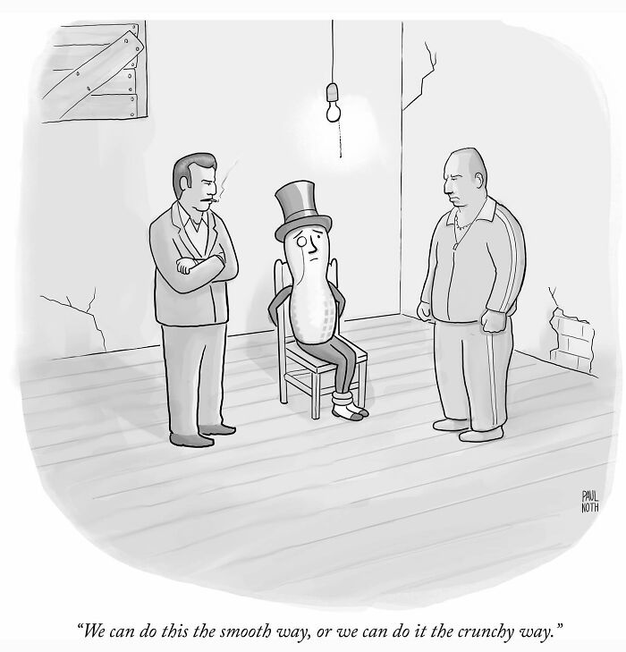 Cartoon by Paul Noth showing a peanut in a top hat being interrogated by two men in a dimly lit room.