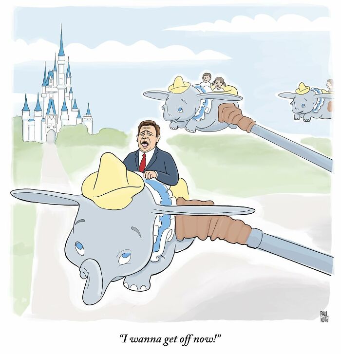 Cartoon by Paul Noth shows a man panicking on a Dumbo ride at a theme park with a castle in the background.