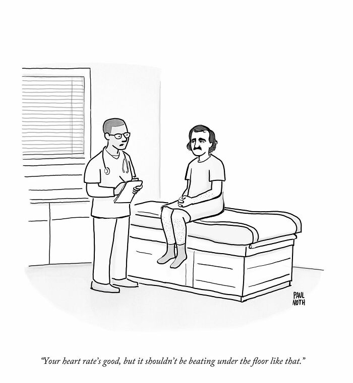 New Yorker cartoon by Paul Noth: doctor humorously comments on patient's heart rate location.