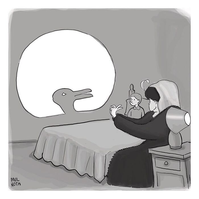 Paul Noth comic: a person makes a shadow puppet of a duck on the wall, amusing a child sitting on the bed.