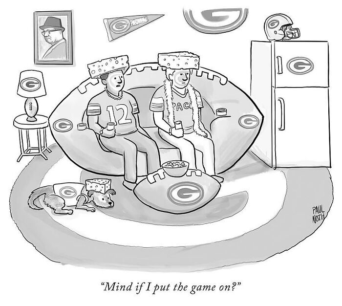 Cartoon by Paul Noth: Two people in football-shaped seating, wearing cheese hats, watching TV with a dog nearby.