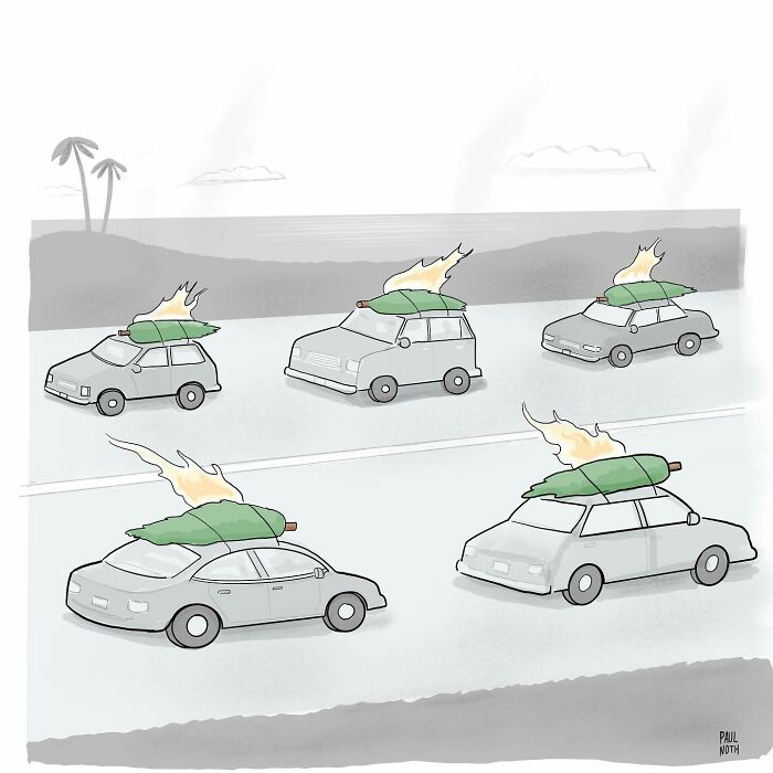 Cars with rockets on top zoom down a highway in a humorous comic by New Yorker cartoonist Paul Noth.