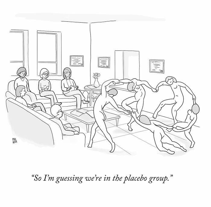 One-panel comic by Paul Noth depicting a humorous therapy session with human figures dancing in the room.