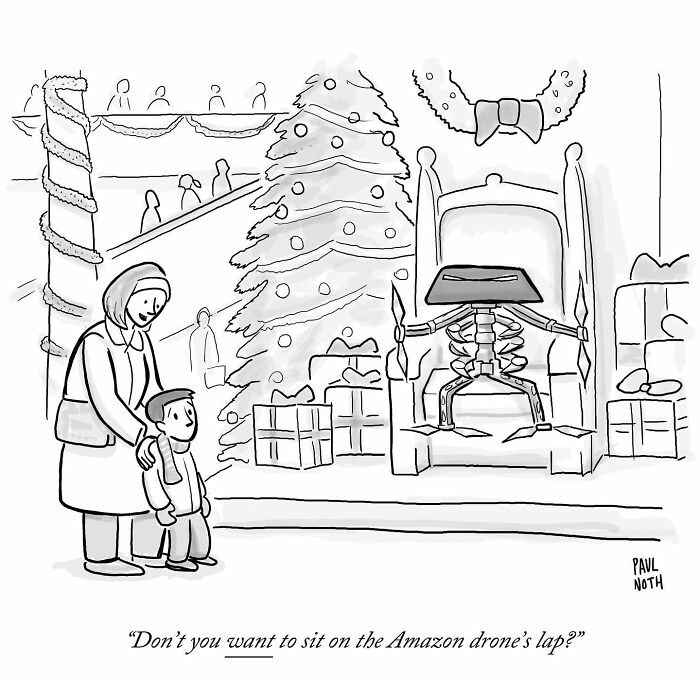 Cartoon by Paul Noth showing a child hesitant to sit on an Amazon drone's lap in a Christmas setting.