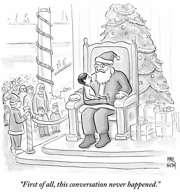 Santa talking with a boy in a funny one-panel comic by New Yorker cartoonist Paul Noth.