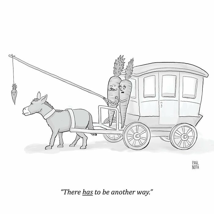 Cartoon donkey pulling a carriage with carrots inside by Paul Noth, considering a dangling carrot.