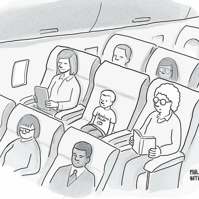 Passengers on a plane, child wearing "Airplane Mode" shirt, humorous comic by New Yorker cartoonist Paul Noth.