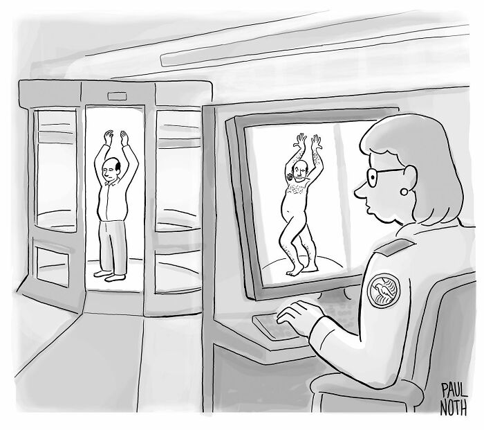 Security officer views scanner image of a man, showcasing a humorous one-panel comic by cartoonist Paul Noth.