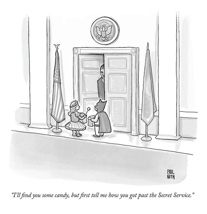 Two kids in costumes trick-or-treating at a guarded door. New Yorker cartoon by Paul Noth.