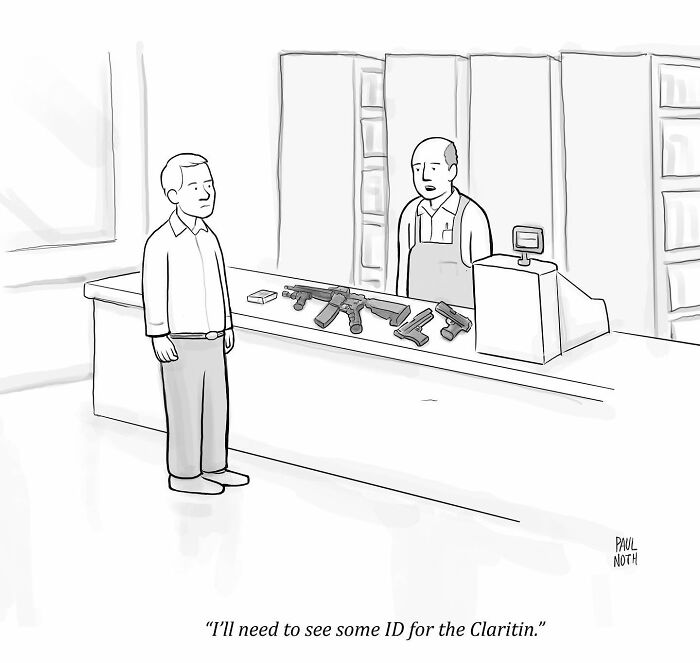 Cartoon by New Yorker artist Paul Noth showing a shopkeeper requesting ID for Claritin, surrounded by firearms on the counter.