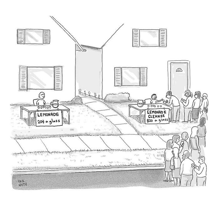 Cartoon by Paul Noth: a lemonade stand with no line vs. a crowded cleanse stand.