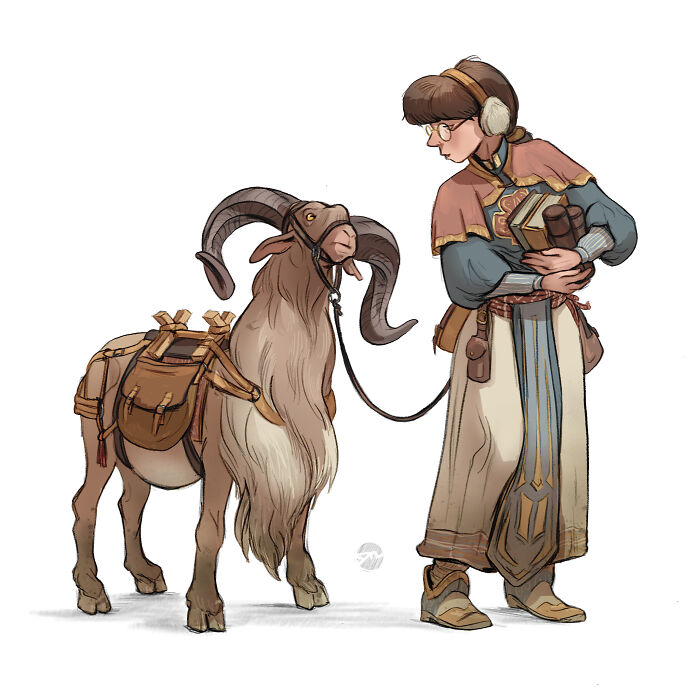 Character illustration with creature companion, featuring a person holding books next to a horned goat in detailed attire.