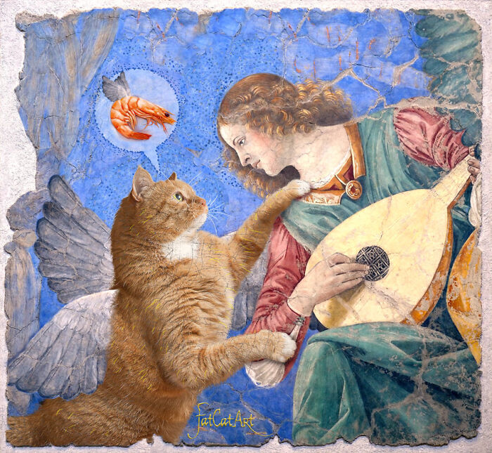 Fat orange cat with wings in a recreated famous art piece, interacting with an angel playing a lute, shrimp in thought bubble.