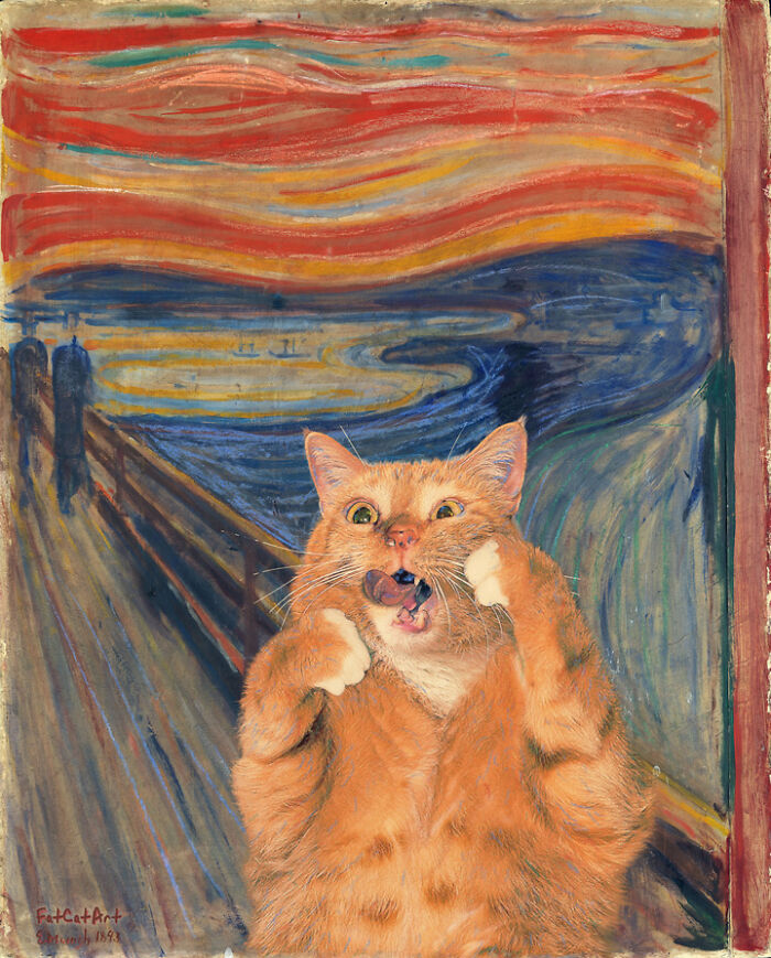 Fat orange cat recreated in famous art piece, mimicking "The Scream" with a humorous twist.