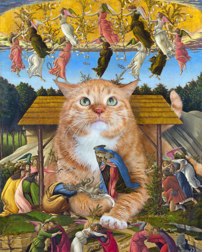 Orange cat humorously added to famous art piece recreation.