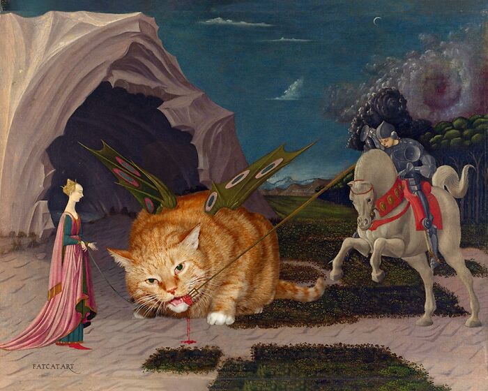 Fat orange cat humorously inserted into famous art piece as dragon, being confronted by a knight on horseback.