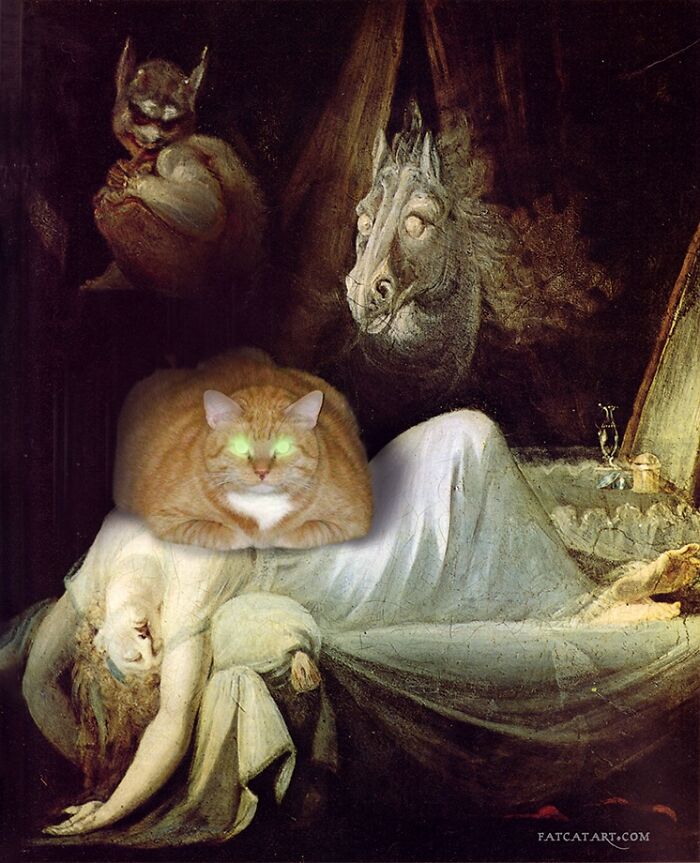 Fat orange cat incorporated into famous art piece, humorously altering the original scene.