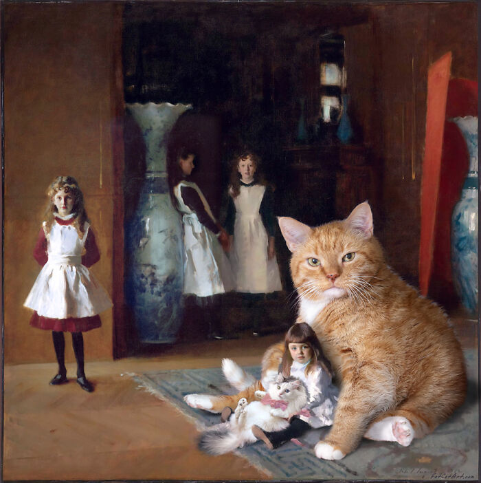 Fat orange cat incorporated into a famous art piece, adding a humorous twist to a classic painting scene.