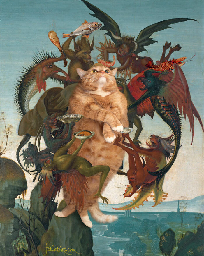 Fat orange cat humorously inserted into famous art piece with mythical creatures in the background.