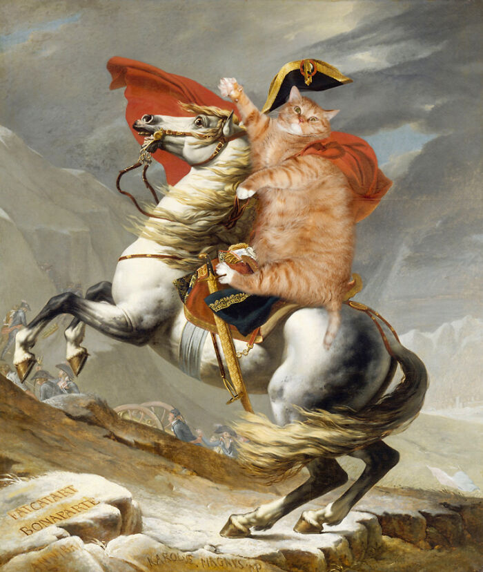 Fat orange cat incorporated into famous art, humorously replacing Napoleon on horseback in a classic painting.