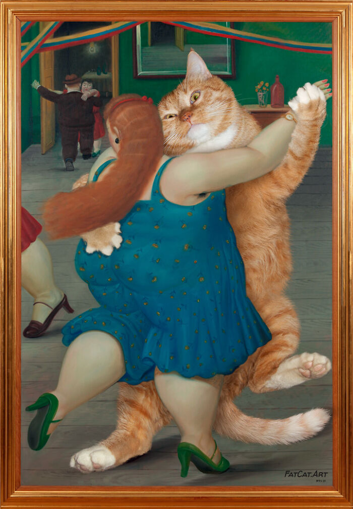 Fat orange cat humorously dancing with a woman in a parody of a famous art piece.