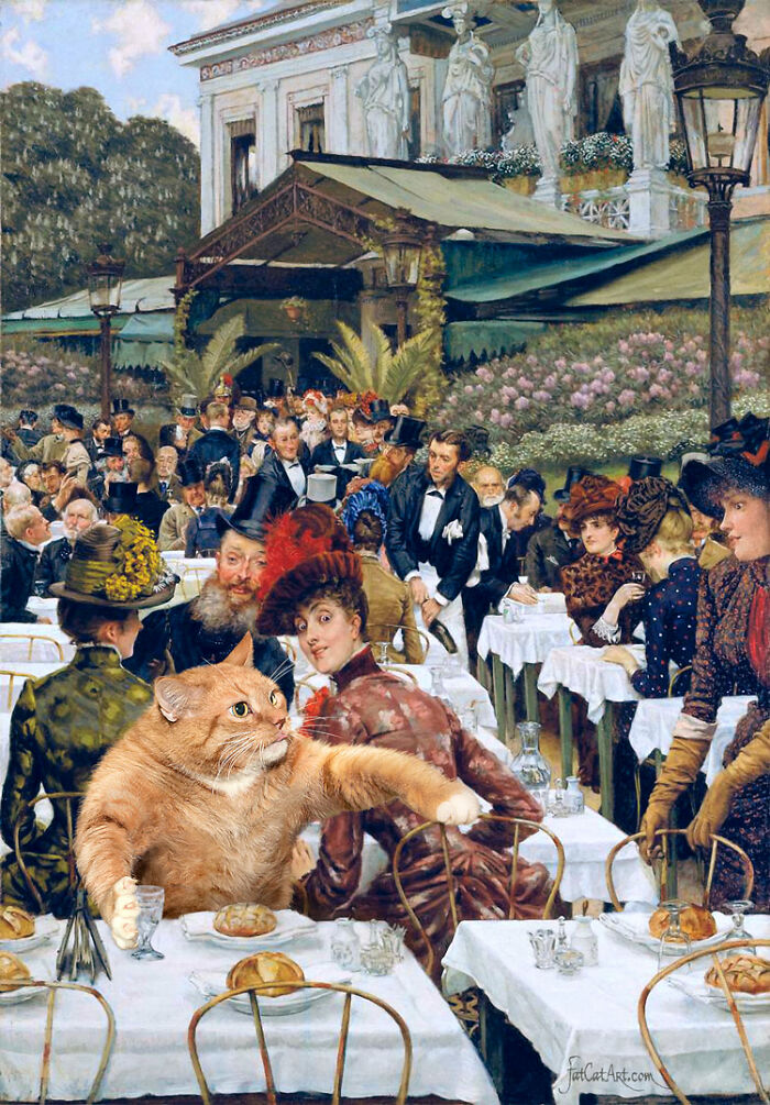 Fat orange cat humorously placed in a recreated famous art scene at a lively outdoor café.