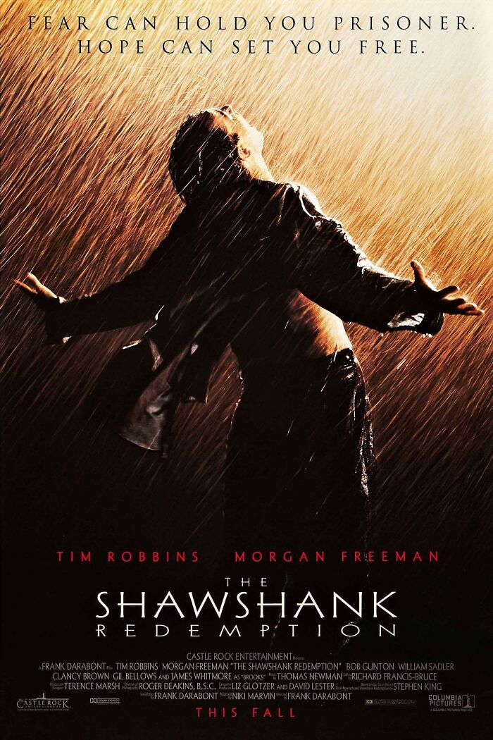 Poster of Shawshank Redemption, a top IMDb movie, depicting a man in the rain with arms outstretched.