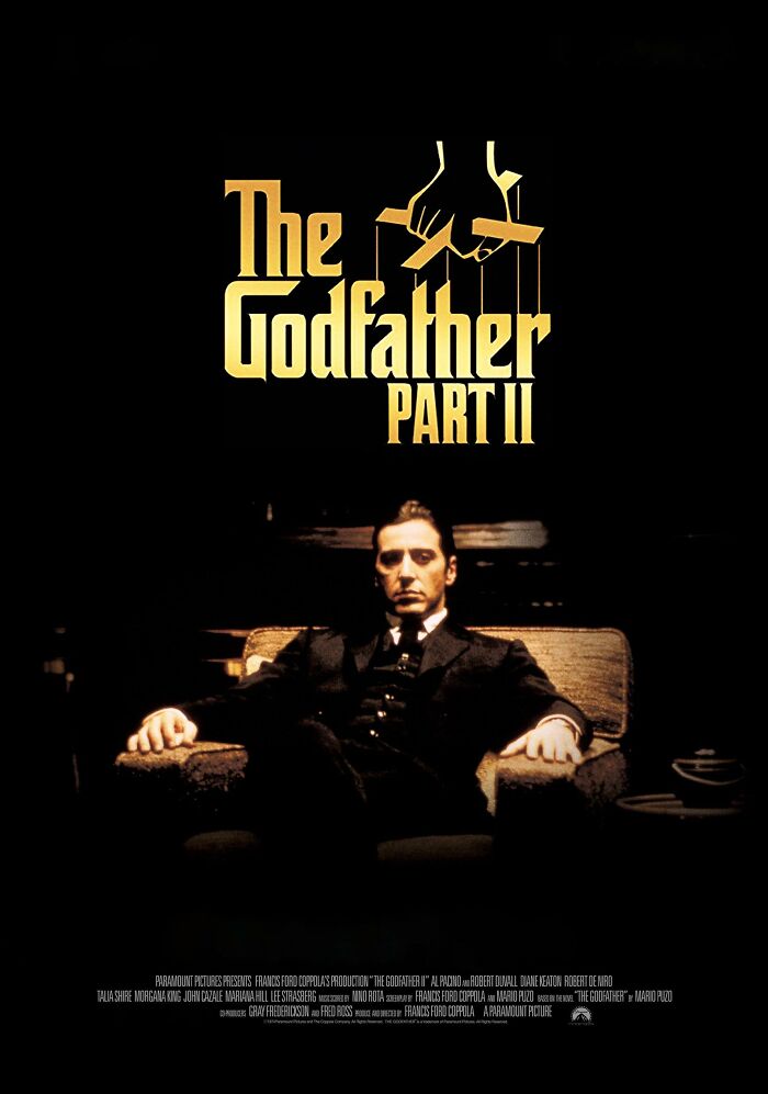 "The Godfather Part II poster, iconic IMDb top movie, featuring a man seated with a puppet hand graphic above the title."