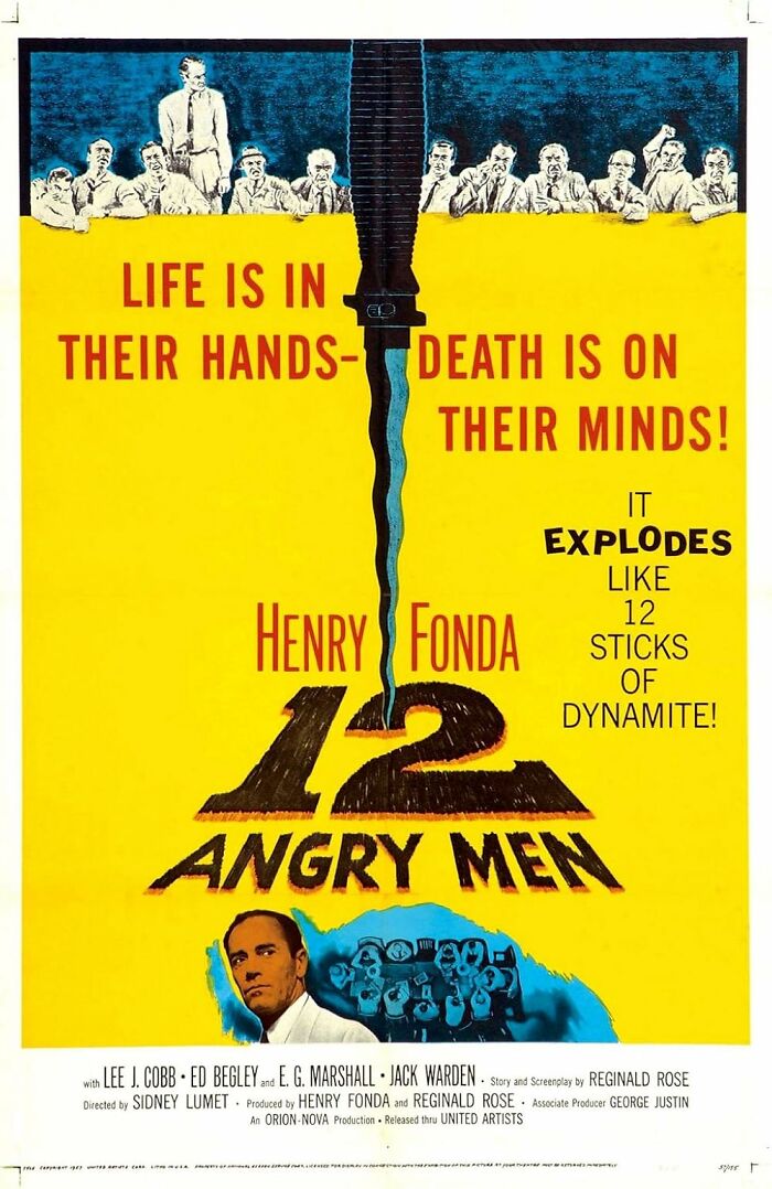 12 Angry Men movie poster with Henry Fonda and ensemble cast illustration.