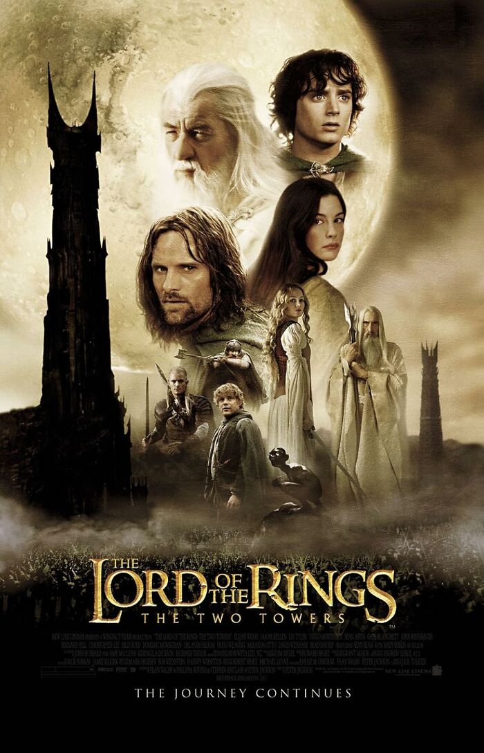 "Film poster for The Lord of the Rings: The Two Towers, featuring key characters and iconic imagery from the movie."