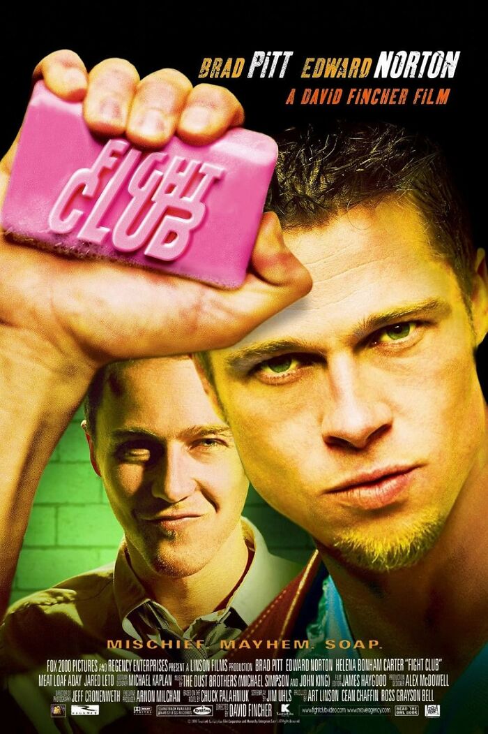 "Fight Club movie poster featuring actors holding pink soap bar, representing IMDb’s top cinematic masterpieces."