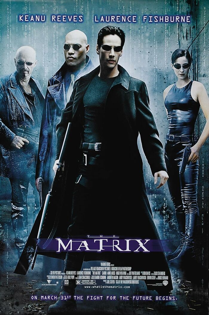 Poster of "The Matrix" featuring characters in stylish outfits with a sci-fi background, highlighting IMDb's top movies.