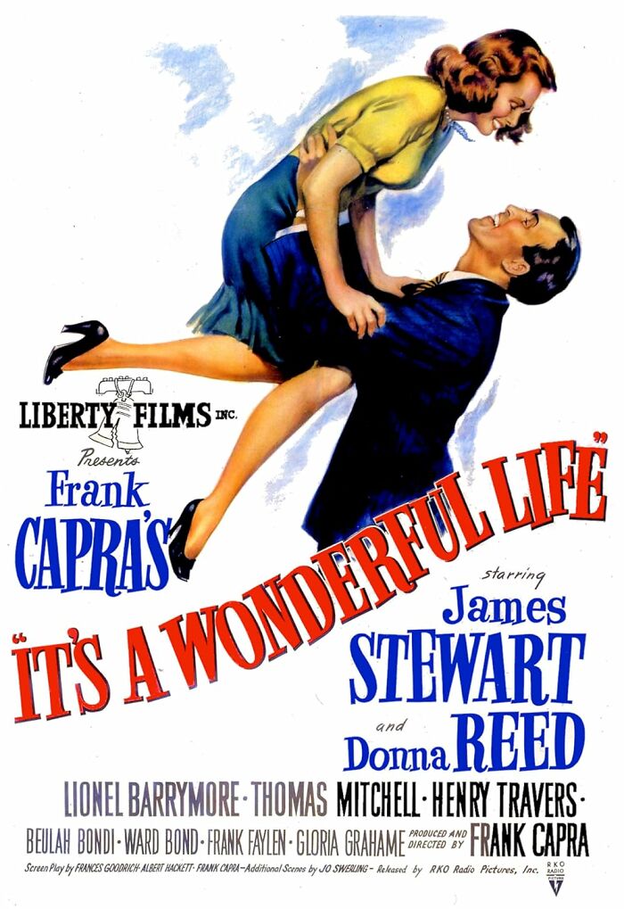 Poster for "It’s a Wonderful Life," featuring James Stewart lifting Donna Reed, a classic from IMDb's top 30 movies list.