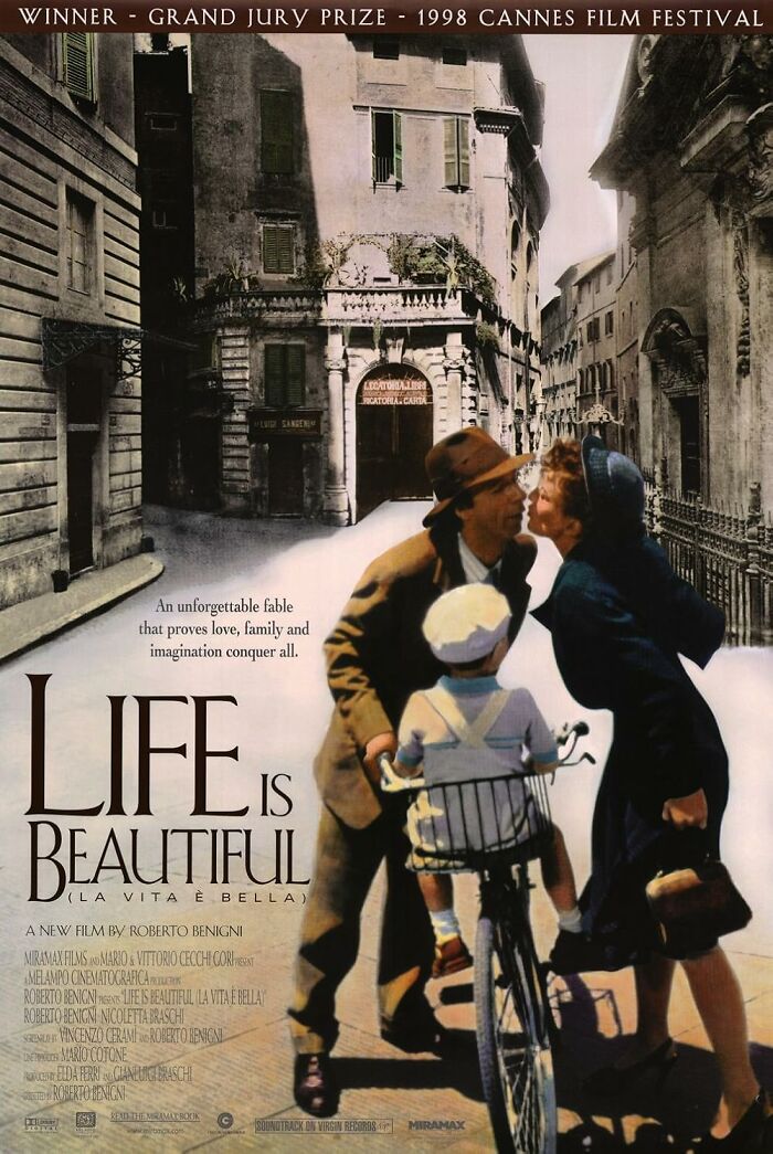 Movie poster for "Life is Beautiful," featuring a family scene, part of IMDb's top cinematic masterpieces.