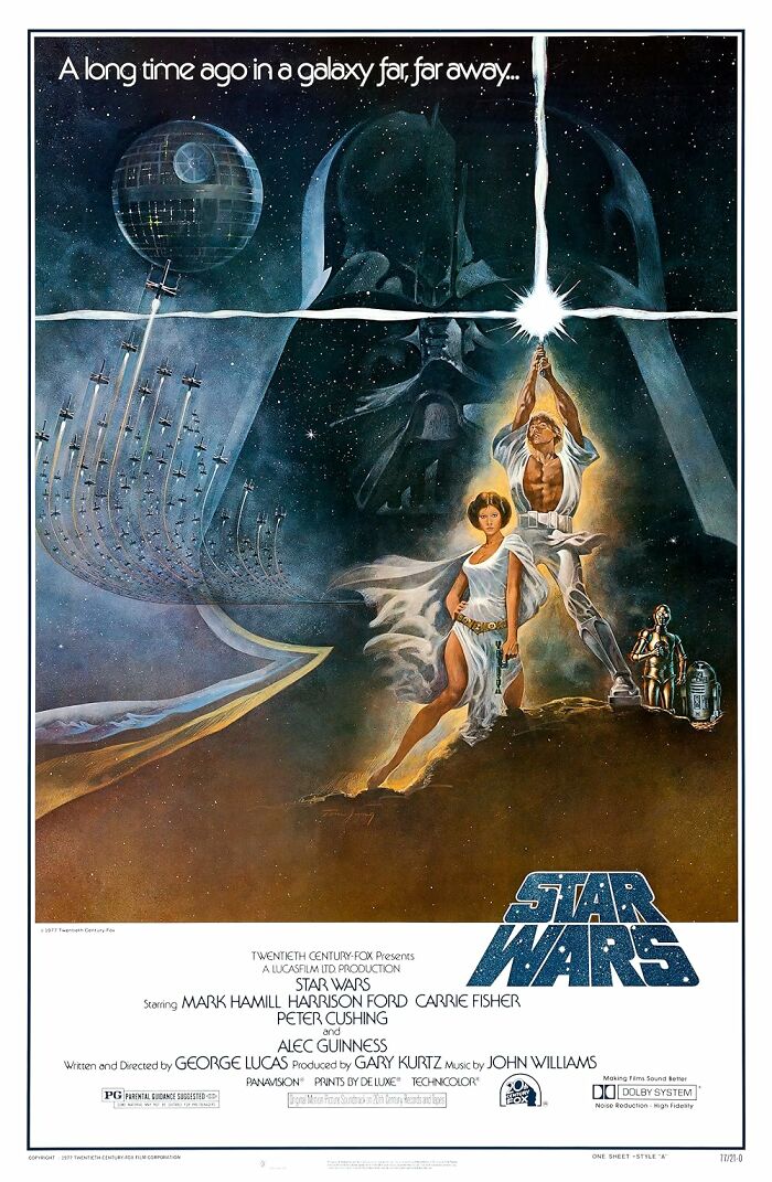 Star Wars movie poster, featuring iconic characters and spaceships.