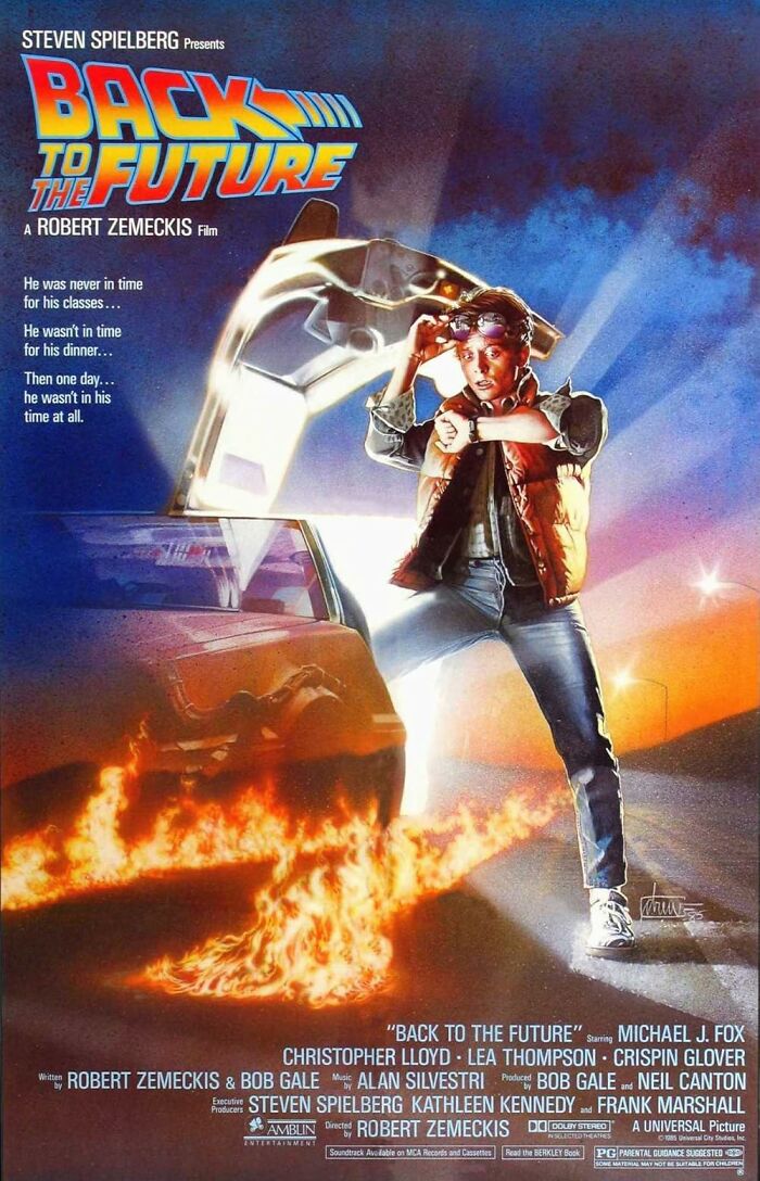 "Back to the Future poster featuring a young man in front of a DeLorean with fire trails, a top IMDb cinematic masterpiece."