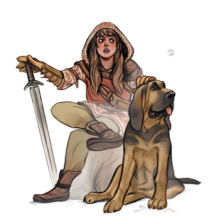 Illustrated character with hood and sword, sitting beside a loyal creature companion, a large dog.