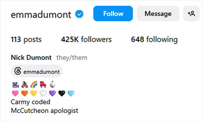 Instagram profile of trans masculine non-binary person Nick Dumont, showing follower count and pronouns.