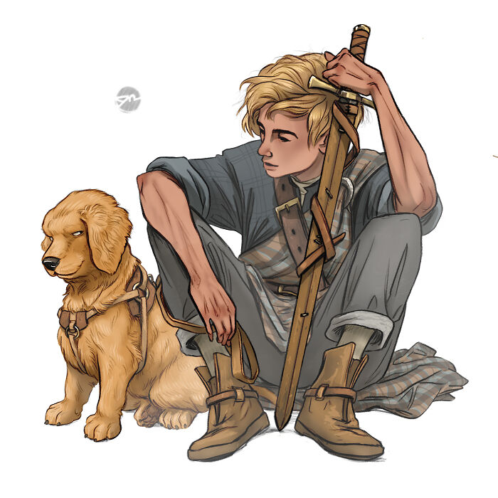 Illustrated character with creature companion, a dog, holding a sword and sitting pensively.