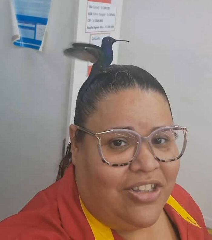 Brazilian woman smiling with a hummingbird perched on her head, showcasing a magical friendship.